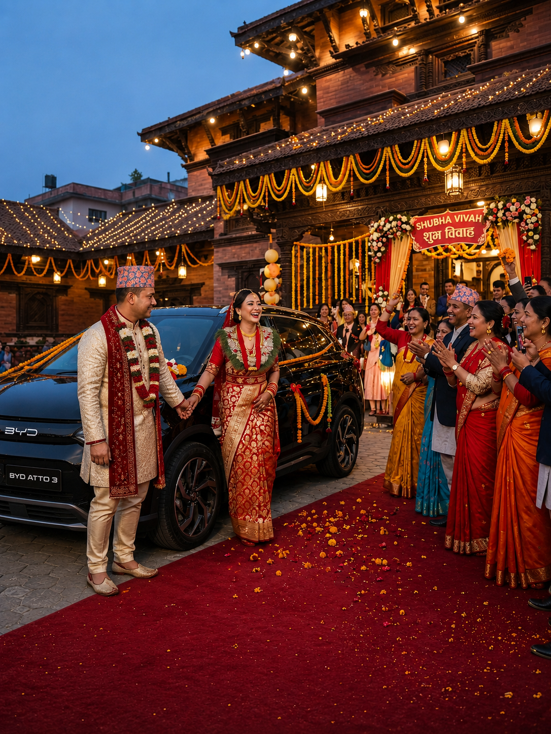 Decorated white EV outside a Kathmandu wedding venue